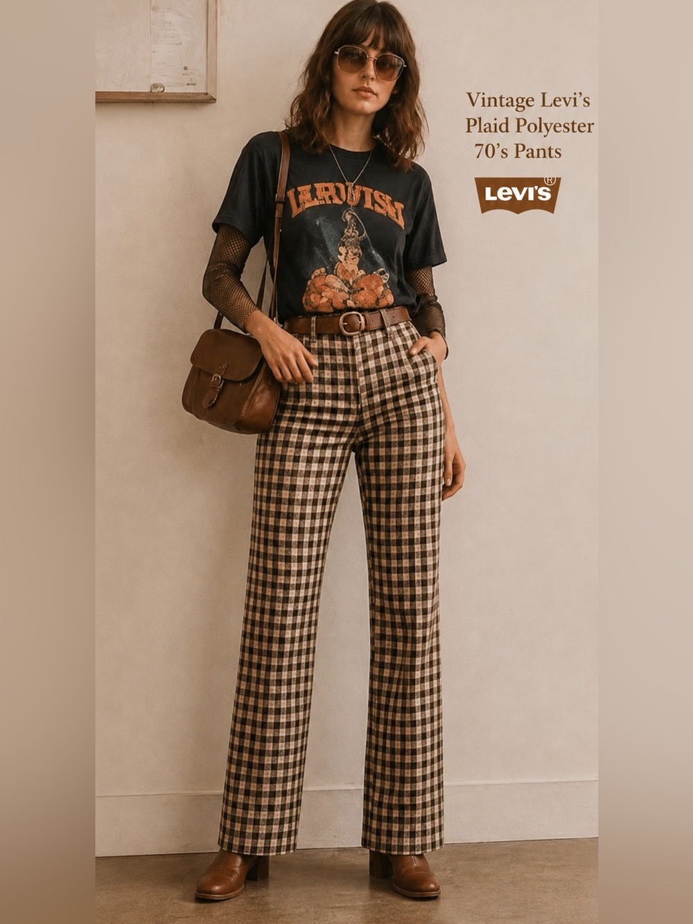 Vintage Rare 70’s Levi’s Strauss Sta-Prest Beige Plaid Women’s Pants